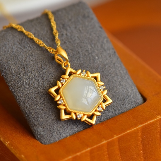 Exquisite Sterling Silver-Gold Plated Inlaid White Jade Pendant