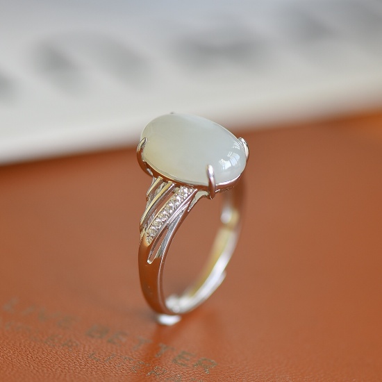 Exquisite Sterling Silver Inlaid White Jade Ring