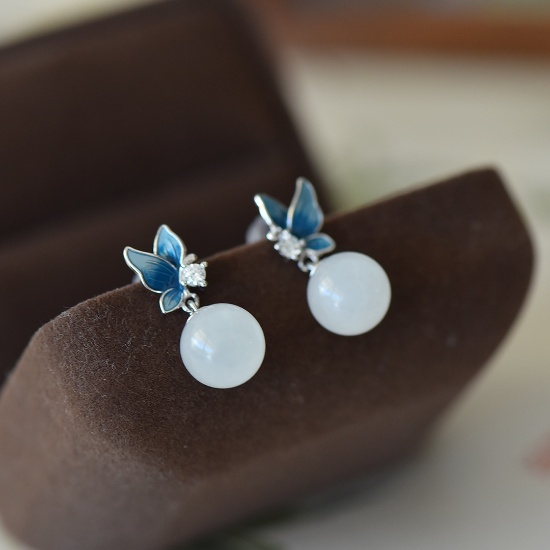 A Pair of Exquisite Sterling Silver Inlaid White Jade Earrings