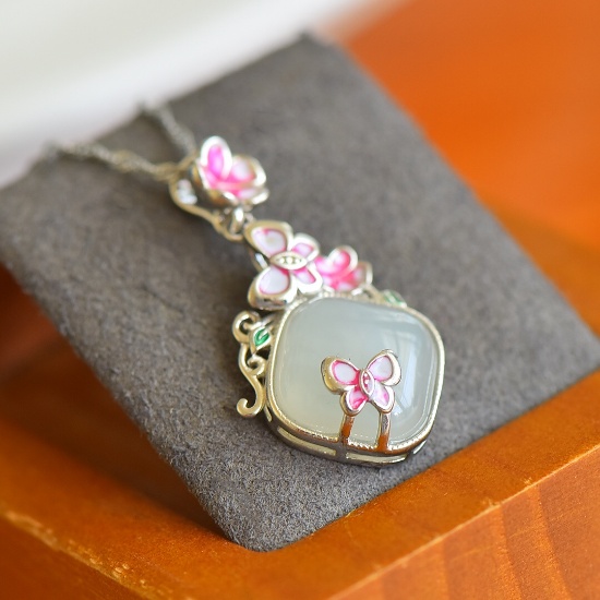 Exquisite Sterling Silver-Gold Plated Inlaid White Jade Pendant
