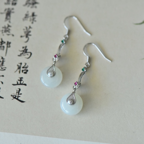 A Pair of Exquisite Sterling Silver-Gold Plated Inlaid White Jade Earrings