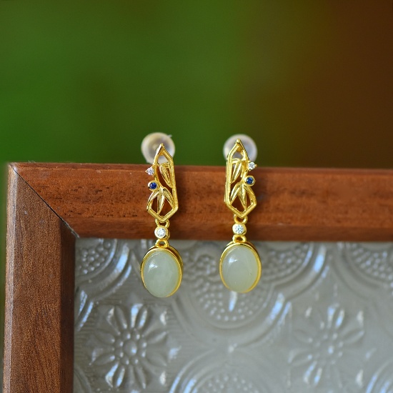 A Pair of Exquisite Sterling Silver-Gold Plated Inlaid White Jade Earrings