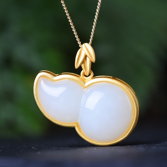 Exquisite Sterling Silver-Gold Plated Inlaid White Jade Pendant