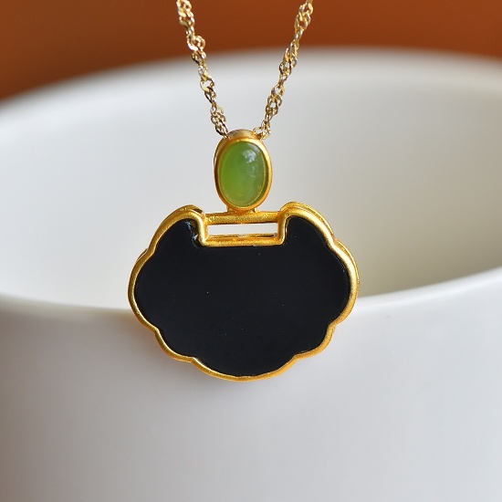 Exquisite Sterling Silver-Gold Plated Inlaid Black Jade Pendant