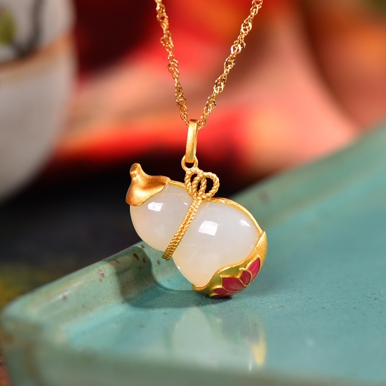 Exquisite Sterling Silver-Gold Plated Inlaid White Jade Pendant