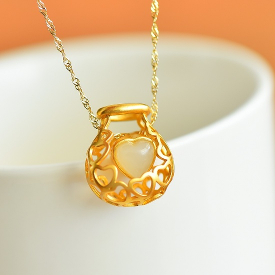 Exquisite Sterling Silver-Gold Plated Inlaid White Jade Pendant
