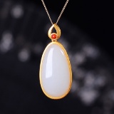 Exquisite Sterling Silver-Gold Plated Inlaid White Jade Pendant