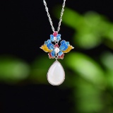 Exquisite Sterling Silver Inlaid White Jade Pendant