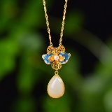 Exquisite Sterling Silver-Gold Plated Inlaid White Jade Pendant