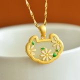 Exquisite Sterling Silver-Gold Plated Inlaid White Jade Pendant