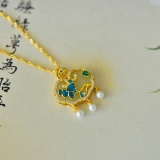 An Exquisite Sterling Silver-Gold Plated Inlaid White Jade Pendant