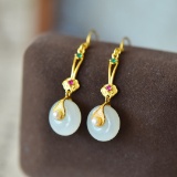 A Pair of Exquisite Sterling Silver-Gold Plated Inlaid White Jade Earrings