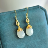 A Pair of Exquisite Sterling Silver-Gold Plated Inlaid White Jade Earrings