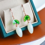 A Pair of Exquisite Sterling Silver-Gold Plated Inlaid White Jade Earrings