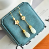 A Pair of Exquisite Sterling Silver-Gold Plated Inlaid White Jade Earrings