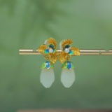 Exquisite Sterling Silver-Gold Plated Inlaid White Jade Earrings