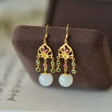 A Pair of Exquisite Sterling Silver-Gold Plated Inlaid White Jade Earrings