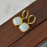 A Pair of Exquisite Sterling Silver-Gold Plated Inlaid White Jade Earrings