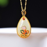 Exquisite Sterling Silver-Gold Plated Inlaid White Jade Pendant