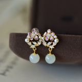 A Pair of Exquisite Sterling Silver-Gold Plated Inlaid White Jade Earrings