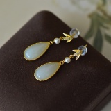 A Pair of Exquisite Sterling Silver-Gold Plated Inlaid White Jade Earrings