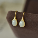 A Pair of Exquisite Sterling Silver-Gold Plated Inlaid White Jade Earrings