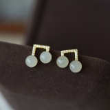 A Pair of Exquisite Sterling Silver-Gold Plated Inlaid White Jade Earrings