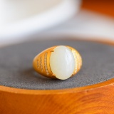 Exquisite Sterling Silver-Gold Plated Inlaid White Jade Ring