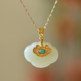 Exquisite Sterling Silver-Gold Plated Inlaid White Jade Pendant