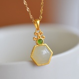 Exquisite Sterling Silver-Gold Plated Inlaid White Jade Pendant