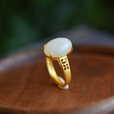 Exquisite Sterling Silver-Gold Plated Inlaid White Jade Ring