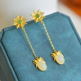 A Pair of Exquisite Sterling Silver-Gold Plated Inlaid White Jade Earrings