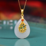 Exquisite Sterling Silver-Gold Plated Inlaid White Jade Pendant