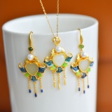 Exquisite Sterling Silver-Gold Plated Inlaid White Jade Jewelry Set