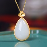 Exquisite Sterling Silver-Gold Plated Inlaid White Jade Pendant