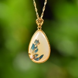 Exquisite Sterling Silver-Gold Plated Inlaid White Jade Pendant