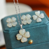Exquisite Sterling Silver Inlaid White Jade Jewelry Set