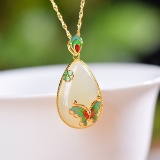 Exquisite Sterling Silver-Gold Plated Inlaid White Jade Pendant