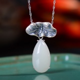 Exquisite Sterling Silver Inlaid White Jade Pendant