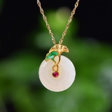 Exquisite Sterling Silver-Gold Plated Inlaid White Jade Pendant