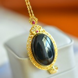 Exquisite Sterling Silver-Gold Plated Inlaid Black Jade Pendant