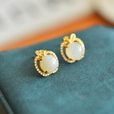 A Pair of Exquisite Sterling Silver-Gold Plated Inlaid White Jade Earrings