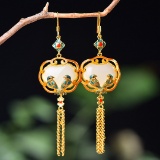 Exquisite Sterling Silver-Gold Plated Inlaid White Jade Earrings