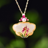 Exquisite Sterling Silver-Gold Plated Inlaid White Jade Pendant
