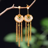Exquisite Sterling Silver-Gold Plated Inlaid White Jade Earrings