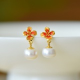 A Pair of Exquisite Sterling Silver-Gold Plated Inlaid Pearl Earrings