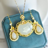 Exquisite Sterling Silver-Gold Plated Inlaid White Jade Jewelry Set