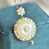 Exquisite Sterling Silver-Gold Plated Inlaid White Jade Pendant