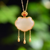 Exquisite Sterling Silver-Gold Plated Inlaid White Jade Pendant