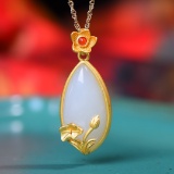 Exquisite Sterling Silver-Gold Plated Inlaid White Jade Pendant